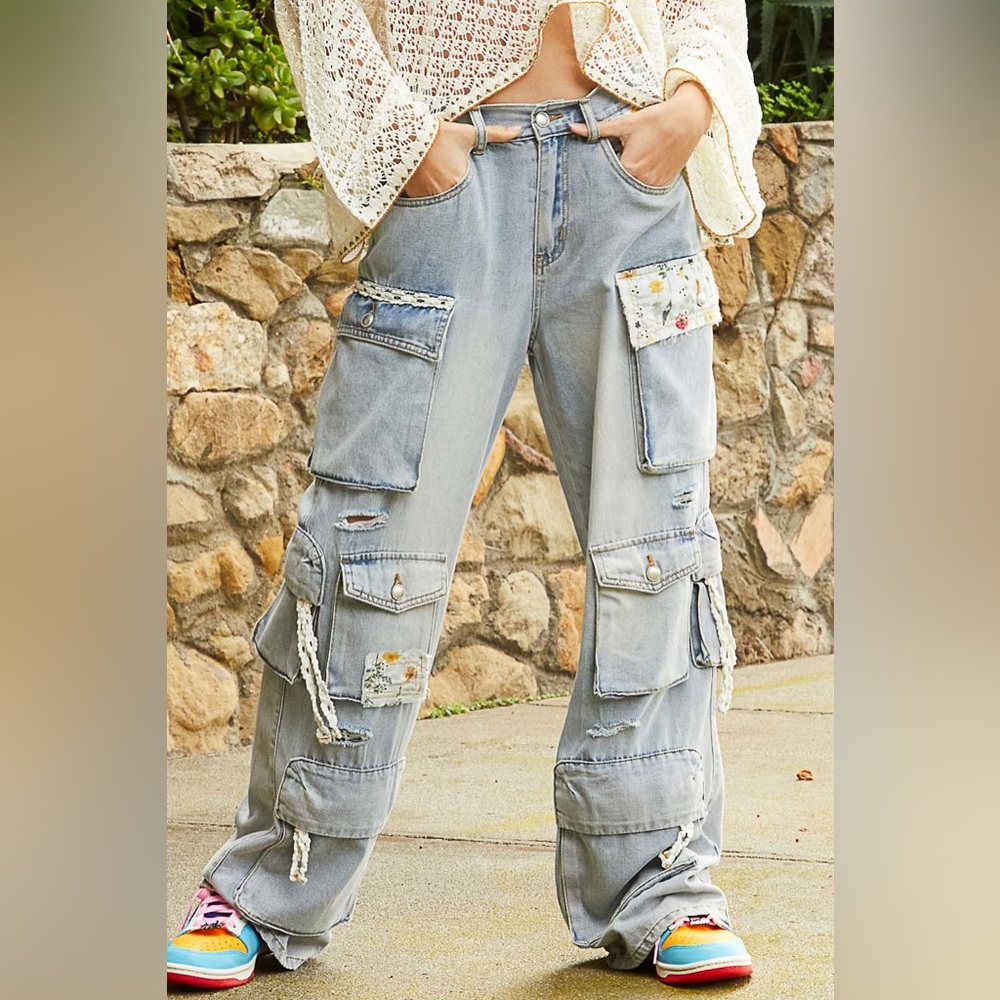 POL Light Blue Cargo Flare Jeans